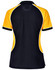 A black and yellow tri-colour polo shirt with short sleeves and a fitted design, featuring contrast piping and a logo.