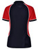 A tri-colour ladies' polo shirt featuring red, navy, and white accents, with a logo on the design.