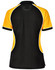 A black and yellow tri-colour short-sleeve polo shirt with a logo on the back.