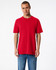 A red unisex fine jersey short sleeve T-shirt displayed on a model, featuring a plain design and a relaxed fit.