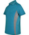A teal and grey men's polo shirt featuring a logo, with contrast mesh detailing on the sides.