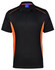 A black polo shirt with orange contrast detailing and a logo on the chest. Short sleeves and a collar are visible.