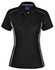 A black ladies' polo shirt with contrast detailing and a collar, featuring a logo on the chest.