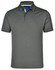 A grey kids' polo shirt with short sleeves and contrast green detailing on the collar and shoulders, featuring a logo.