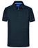 A navy blue short sleeve polo shirt with contrast turquoise detailing and a logo on the chest.