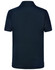 A short sleeve polo shirt in navy blue with a plain design and branding at the collar.