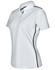 A white short sleeve polo shirt with black contrast detailing and a logo on the chest.