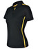 A black ladies' polo shirt with short sleeves and yellow contrasting stripes, featuring a collar and a branded logo.