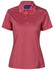 A red short sleeve polo shirt with a collar and three buttons, featuring a branding logo.