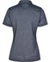 A dark grey short sleeve polo shirt with a smooth texture and a logo on the back.