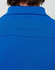 A close-up view of the back of a men's polo shirt in vibrant blue, featuring a collar and a branding label.