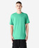 A solid mint green unisex short sleeve T-shirt on a model, featuring a logo on the chest.