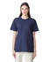 A unisex navy short sleeve t-shirt displayed on a model. The shirt features a simple design and has a branding logo.