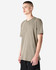 A unisex short sleeve T-shirt in a muted green colour with a simple design and a branding logo.
