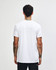 A unisex short sleeve T-shirt in white, featuring a simple design and a logo on the back.