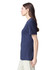 A unisex navy CVC short sleeve T-shirt displayed on a model from the side. The shirt features a logo.