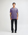 A unisex short sleeve T-shirt in purple, paired with black cargo pants. It features a logo on the shirt.