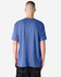 A unisex short sleeve T-shirt in blue, viewed from the back, featuring a logo on the upper back.