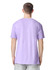 A unisex short sleeve t-shirt in lavender, displayed from the back, featuring a logo.