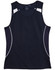 A navy singlet featuring white accents and mesh detailing, designed for ladies. It includes a logo.