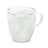 A double wall glass cup in clear glass with a handle, designed for reusable coffee or hot beverages.