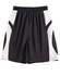 Kid's basketball shorts in black and white, featuring a logo and mesh panels for breathability.