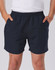 Adult microfibre shorts in navy blue with an elastic waistband and side pockets. Features a logo on the hem.