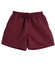 Burgundy microfibre sports shorts featuring an elasticated waistband and side pockets, with a logo.