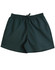 Kids microfibre shorts in a deep green colour with an elastic waistband and pockets, featuring a logo.