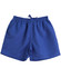 Blue microfibre shorts featuring an elastic waistband and side pockets, with a branding logo.