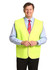 A Hi-Vis safety vest in bright yellow, featuring reflective trim, worn by a man in a collared shirt and tie.