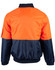 A hi-vis two-tone flying jacket featuring an orange top and dark navy bottom. The jacket has a collar and a sleeve pocket.