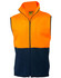 A two-tone polar fleece vest in high-visibility orange and navy blue, featuring a front zip and a collar.
