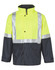 Hi-Vis two-tone rainproof safety jacket in bright yellow and navy, featuring 3M reflective tape and pockets.