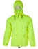 A bright yellow spray jacket with a hood and adjustable drawstrings, featuring a front pocket and a logo.