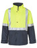 Hi-Vis two-tone rainproof quilted safety jacket featuring silver reflective tapes, with a bright yellow upper and navy lower.