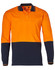 A long-sleeved safety polo in orange and navy blue, featuring a pocket and a logo on the collar.