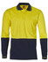 A long-sleeve safety polo in hi-vis yellow and navy blue, featuring a collar and a front pocket. Includes a logo.