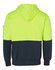 A Hi-Vis two-tone hoodie in fluorescent yellow and navy, featuring a hood and kangaroo pocket, with a logo on the sleeve.