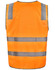 A safety vest in bright orange with reflective stripes, designed for visibility and safety. Features a logo.