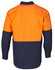 A long-sleeve work shirt in orange and navy, featuring a logo on the back.
