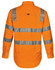 An orange safety shirt with reflective strips across the back. Features long sleeves and a collar. Includes a logo.