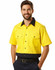 A short-sleeved, two-tone cotton work shirt in bright yellow and navy, featuring a logo and two chest pockets.