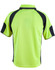 A Hi-Vis polo shirt in bright yellow with navy sleeve panels, featuring a logo on the back.