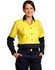A women's long-sleeve safety shirt in hi-vis yellow with navy blue sleeves, featuring pockets and a collar.