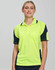 A bright yellow and navy polo shirt with a collar and short sleeves, featuring a pocket and logo.