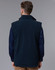 A reversible safety vest in navy blue, featuring a collar and a logo on the back.