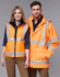 A safety jacket in bright orange with reflective stripes, displayed on two models, one male and one female.