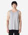 A grey adult tank top with a round neckline and a logo on the front, styled on a male model.