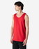 A red Gildan Heavy Cotton adult tank top displayed on a male model, featuring a simple design and a logo.